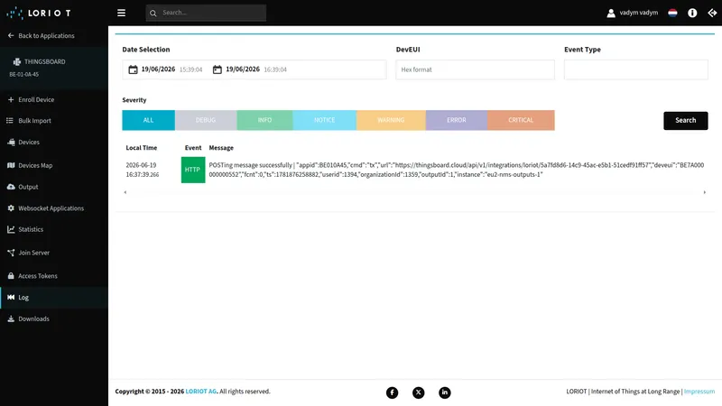 LORIOT Application Log page — HTTP event entry showing POSTing message successfully with device EUI BE7A000000000552 and cmd tx