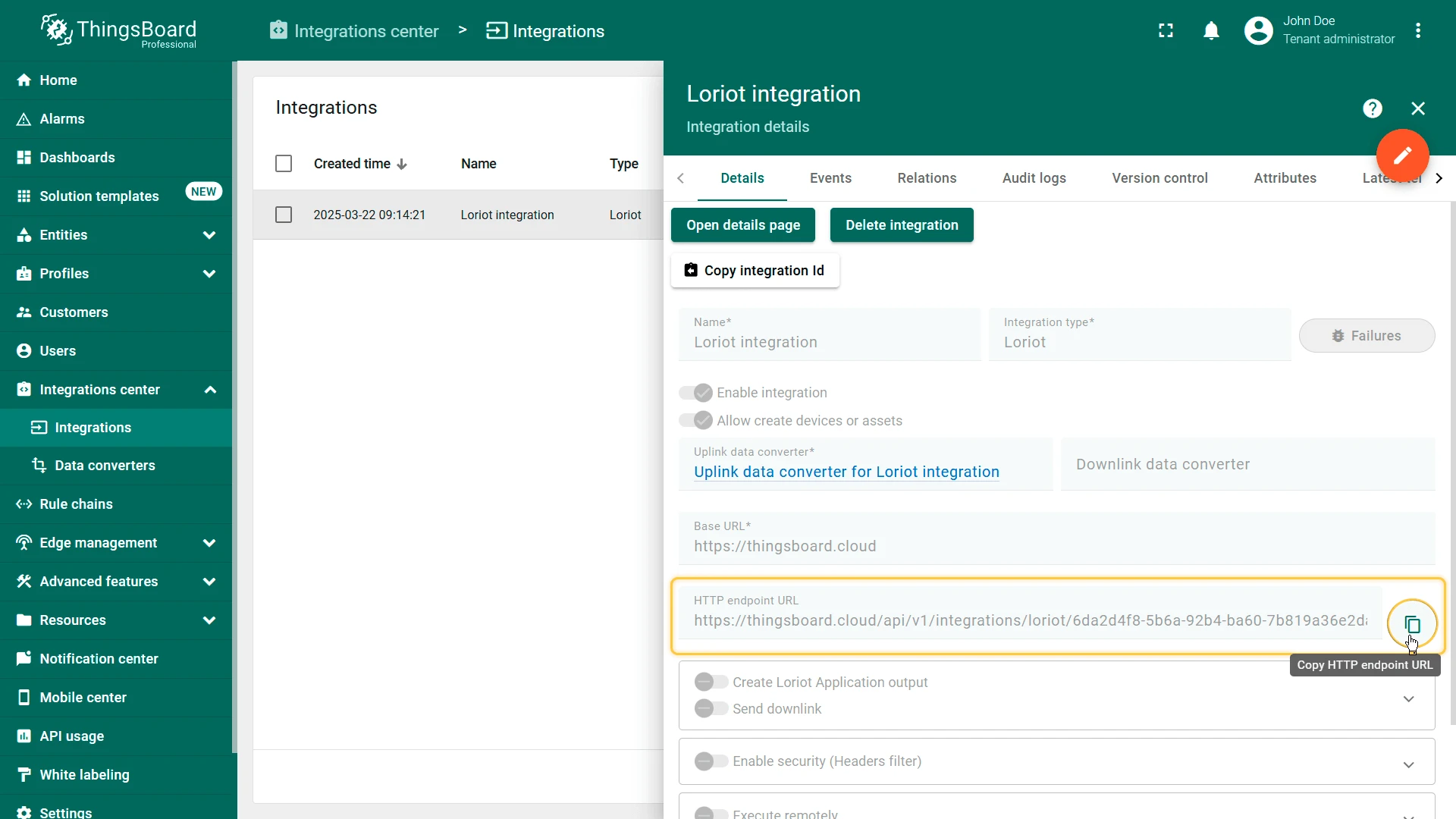 Loriot integration details — HTTP endpoint URL field highlighted with copy button