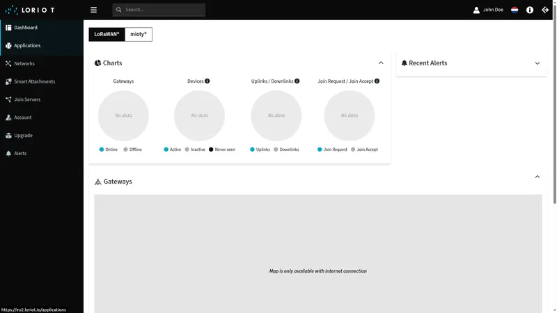 LORIOT dashboard with Applications selected in the left sidebar