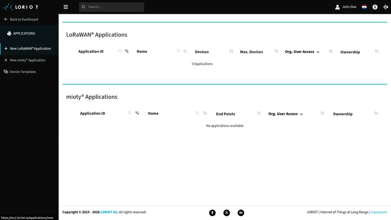 LORIOT Applications page showing an empty LoRaWAN Applications list with the New LoRaWAN Application option highlighted in the sidebar