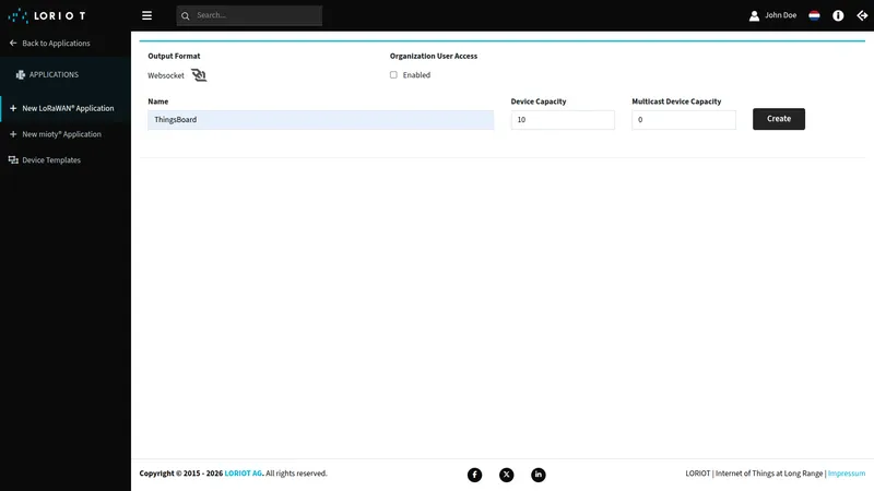 LORIOT new application form with Name set to ThingsBoard, Device Capacity set to 10, and the Create button