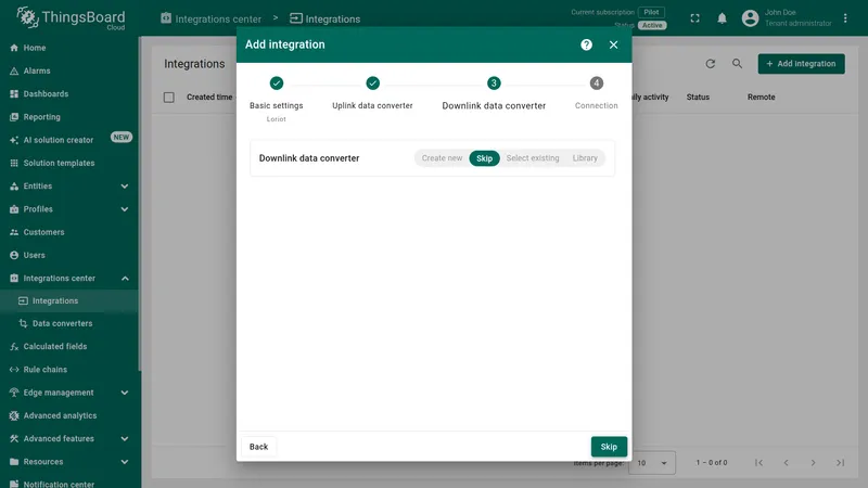 Add Loriot integration wizard — Downlink data converter step
