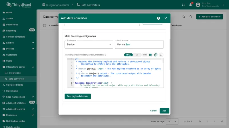 Add data converter dialog — TBEL decoder function visible in the main decoding configuration area