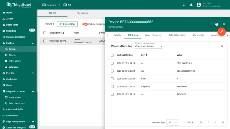 Devices page — Device BE7A000000000552 auto-created, Attributes tab open showing client attributes dr, eui, fPort, frequency