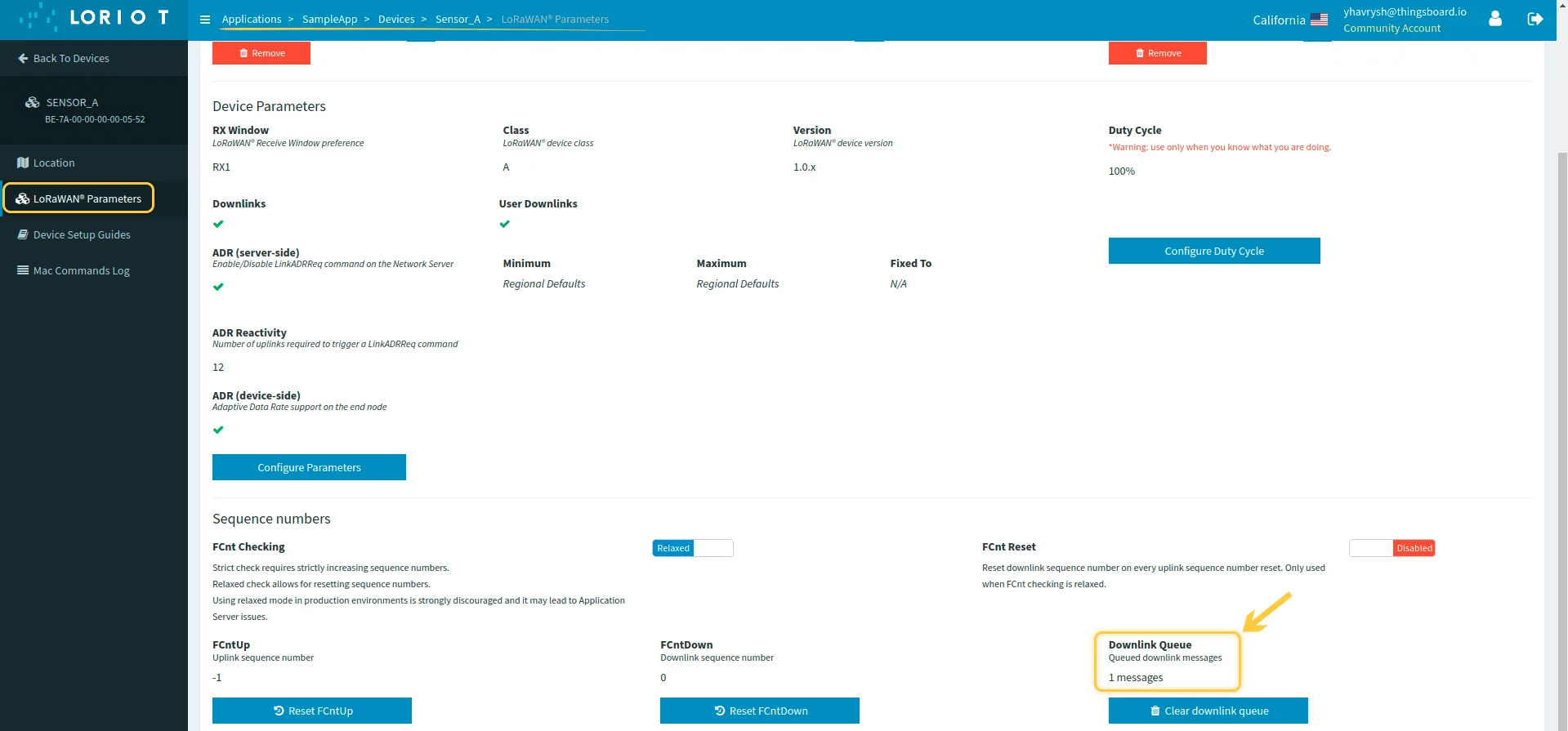LORIOT device LoRaWAN Parameters page — Downlink Queue section highlighted at bottom-right with Reset Downlink Queue and Create Downlink Queue buttons