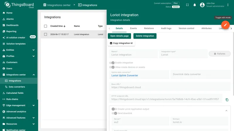 Loriot integration details panel — Downlink data converter field is empty, Create new link visible