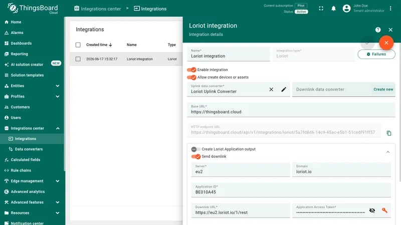 Loriot integration in edit mode — Downlink data converter field shows Create new button