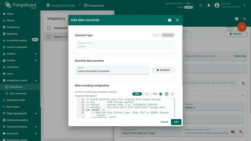 Add data converter dialog — Downlink type selected, name Loriot Downlink Converter, TBEL encoder function in the editor