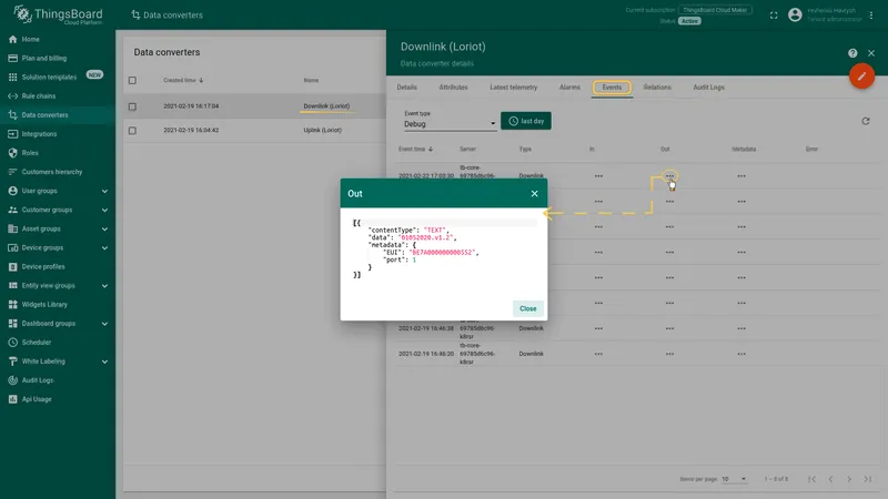 Downlink converter Events tab — Out dialog showing encoded result: contentType TEXT, data firmware value, metadata with EUI and port