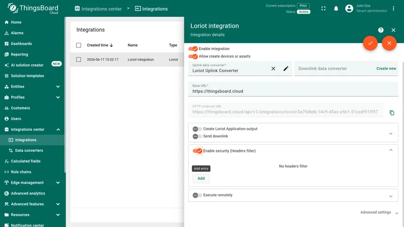 Loriot integration details panel — Enable security (Headers filter) toggle enabled, no headers added yet