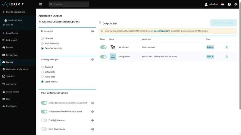 LORIOT Application Outputs page — WebSocket and ThingsBoard HTTP Push outputs in the Outputs List