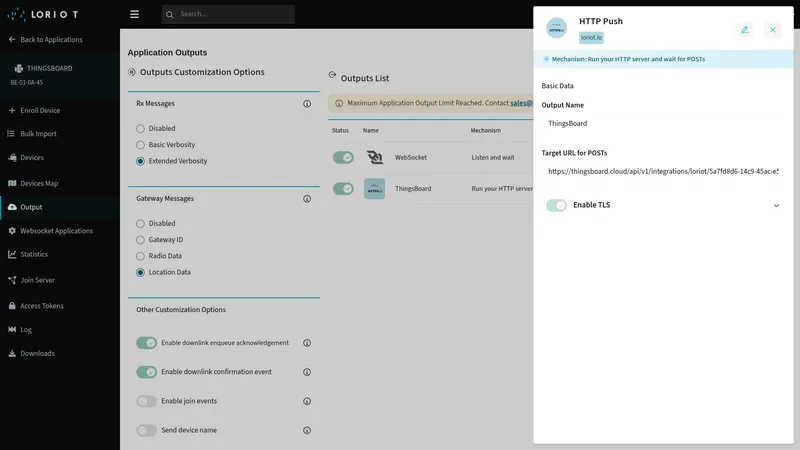 LORIOT HTTP Push output detail panel — Output Name ThingsBoard, Target URL for POSTs, Enable TLS toggle