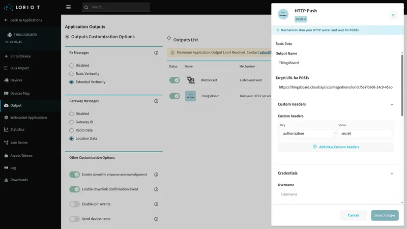 LORIOT HTTP Push output settings — Custom Headers section with Key authorization and Value secret filled in