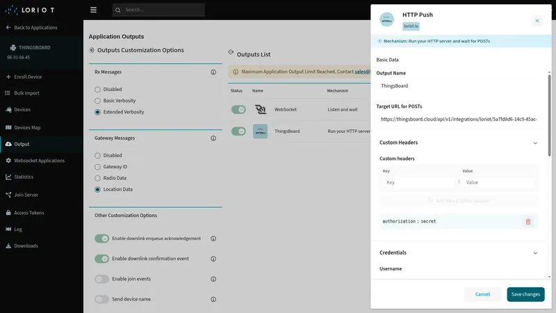 LORIOT HTTP Push output settings — authorization:secret header chip added, Save changes button visible