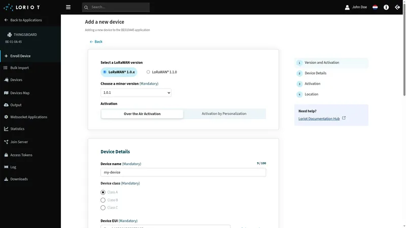 LORIOT Add a new device wizard — Version and Activation step with LoRaWAN 1.0.x and Over the Air Activation selected, Device Details section below with Device name my-device and Class A