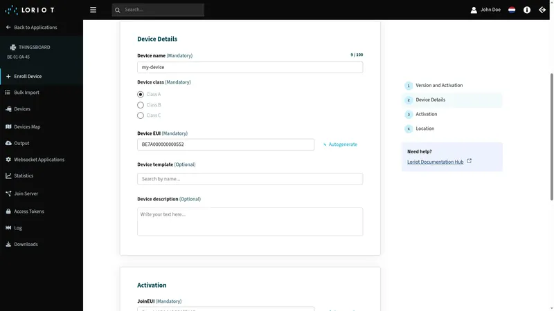 LORIOT Add a new device wizard — Device Details section showing Device EUI BE7A000000000552 with Autogenerate link