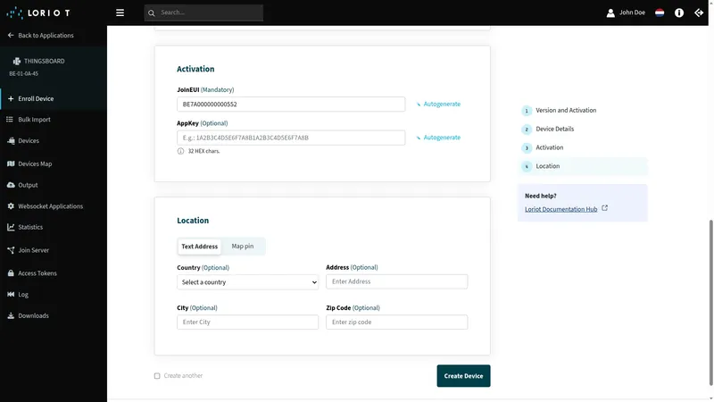 LORIOT Add a new device wizard — Activation section with JoinEUI auto-filled, Location section with optional fields, and Create Device button