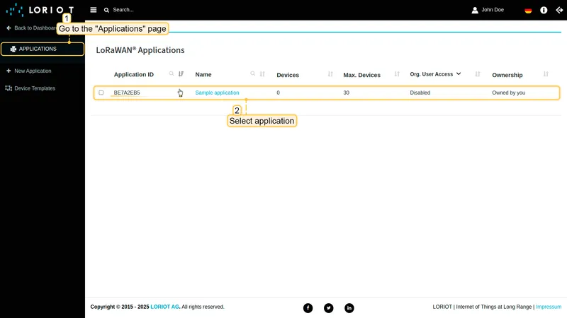 LORIOT Applications page with application list