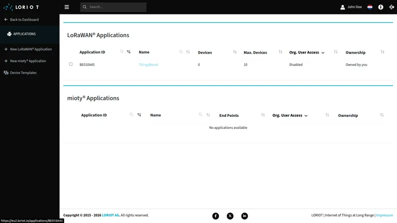 LORIOT LoRaWAN Applications list — ThingsBoard application highlighted