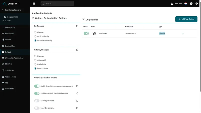 Application Outputs page — Output selected in left sidebar, Add New Output button visible