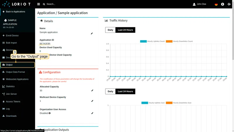Application detail page — Output item highlighted in left sidebar