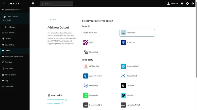 Add new Output page — HTTP Push option highlighted in the loriot.io section