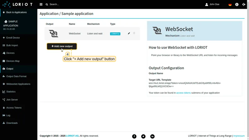 Output page showing existing WebSocket output and + Add new output button