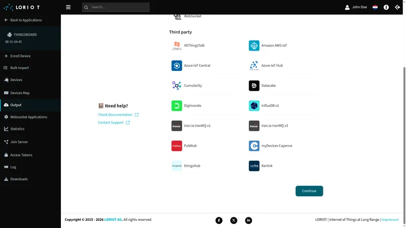 Add new Output page scrolled to bottom — Continue button visible