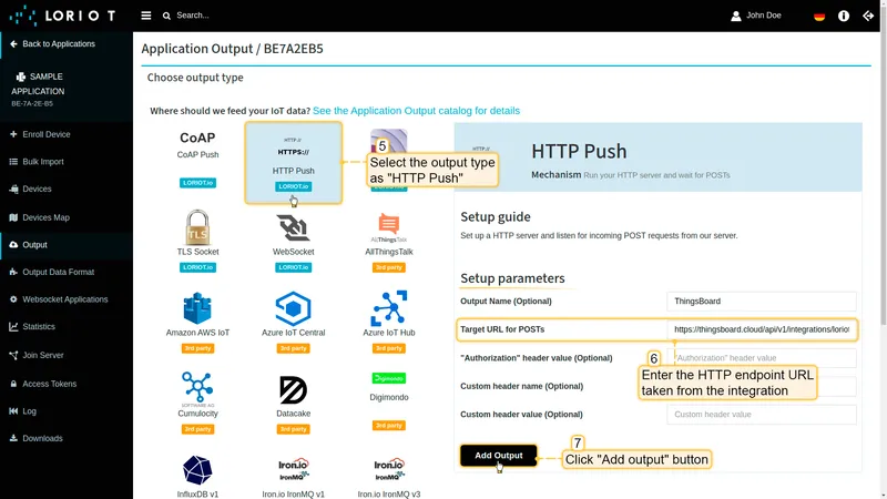 Choose output type page — HTTP Push selected, ThingsBoard endpoint URL entered in Target URL for POSTs
