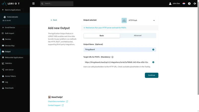 HTTP Push configuration form — Output Name and Target URL for POSTs fields, Continue button