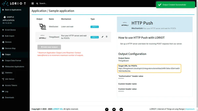 Output page — ThingsBoard HTTP Push output created successfully