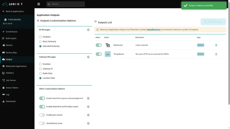 Application Outputs page — Output created successfully toast, ThingsBoard HTTP Push output in the list