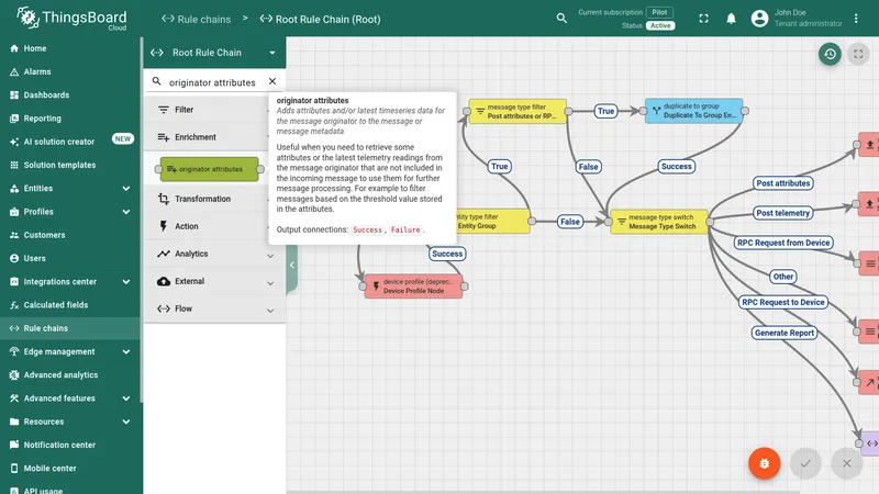 Root Rule Chain node picker — originator attributes node found in search results under Enrichment category, with tooltip describing the node purpose