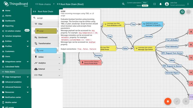 Root Rule Chain node picker — script filter node found in search results under Filter category