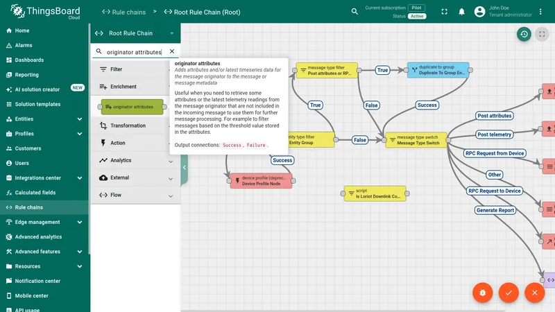 Root Rule Chain node picker — originator attributes node found in search results under Enrichment category