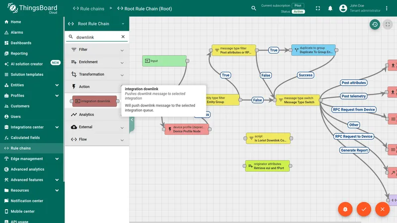 Root Rule Chain node picker — integration downlink node found in search results under Action category