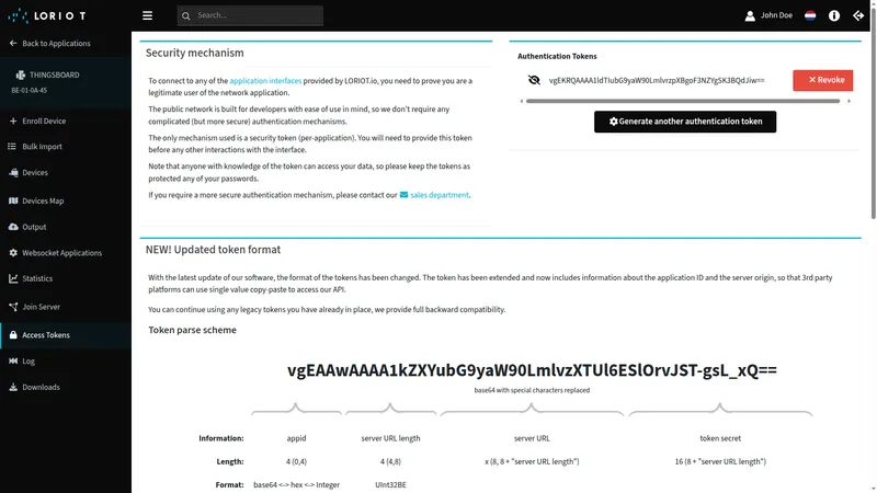 LORIOT Access Tokens page — existing token listed with Revoke button and Generate another authentication token button