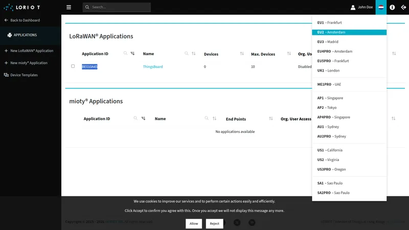 LORIOT Applications page showing the Application ID column with value BE010A45, and the server selector dropdown in the top-right listing clusters such as EU1, EU2, EU3, UK1, US1, US2, and others