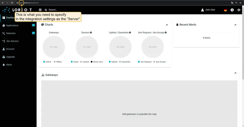 LORIOT dashboard — browser address bar showing eu1.loriot.io highlighted as the Server value
