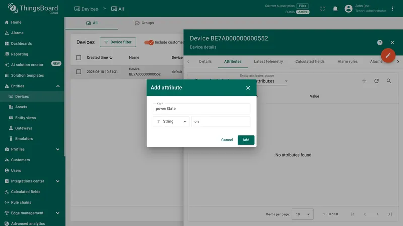 Device BE7A000000000552 — Attributes tab, Shared attributes scope, Add attribute dialog with key powerState and value on
