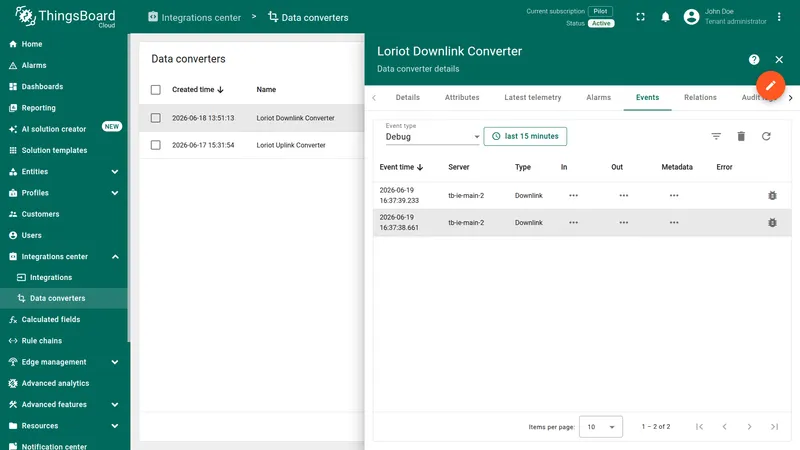 Loriot Downlink Converter Events tab — Debug filter selected, two Downlink events visible in the list
