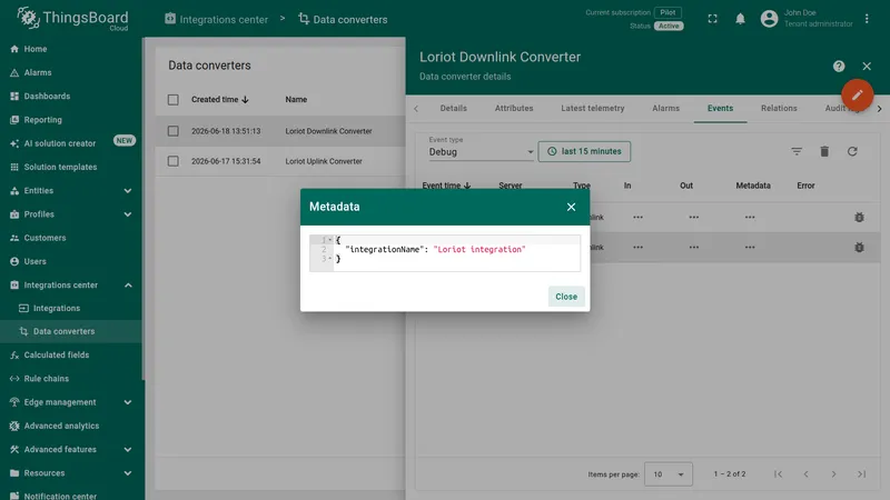 Loriot Downlink Converter Metadata dialog — showing integrationName Loriot integration