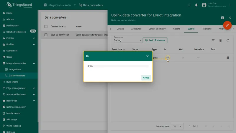 Uplink converter event — In dialog showing raw payload bytes