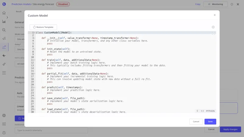 Custom Model script editor with the template class and the Restore Template button