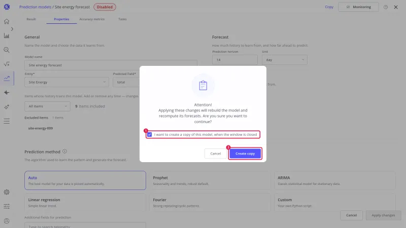 Rebuild dialog with the I want to create a copy of this model checkbox marked 1 and the Create copy button marked 2