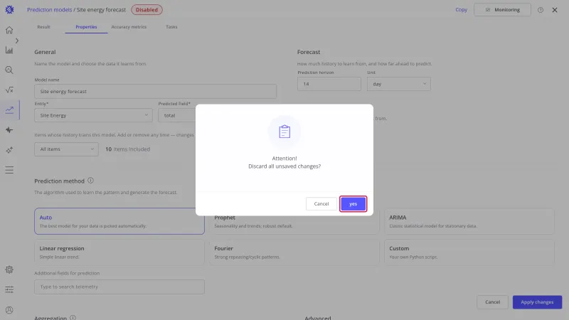 Dialog Attention! Discard all unsaved changes? with the yes button highlighted