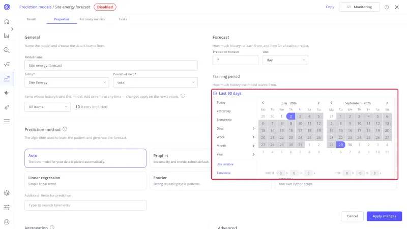 Training period picker open with quick ranges and a two-month calendar