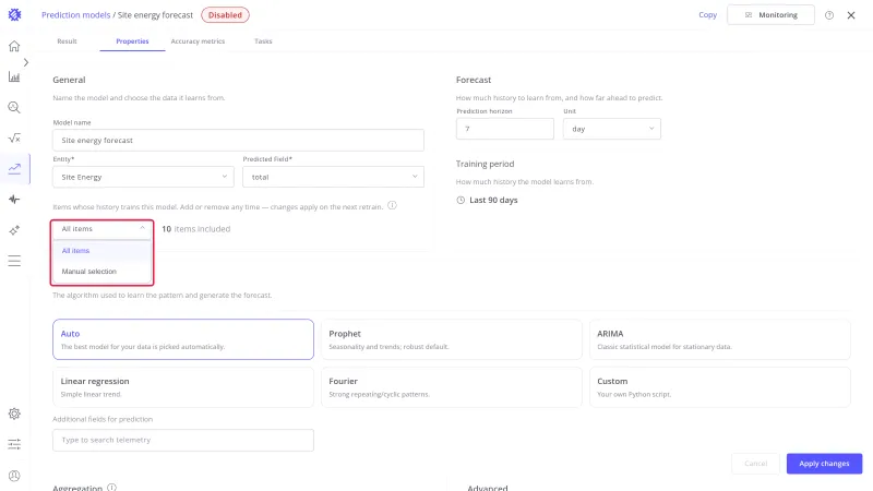 Items to train select open, offering All items and Manual selection