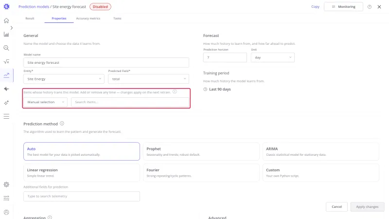 Items to train switched to Manual selection, with the search field for picking items highlighted