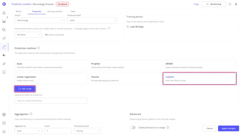 Custom selected and highlighted, with the Edit script button highlighted below